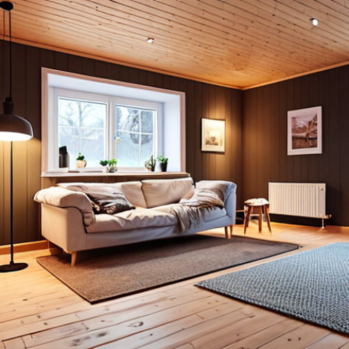 Home 19 **A cozy Swedish home interior with energy-efficient LED lighting, well-insulated walls, and a modern, efficient heat pump. Focus on the warm, inviting atmosphere and the feeling of saving money on energy bills.**