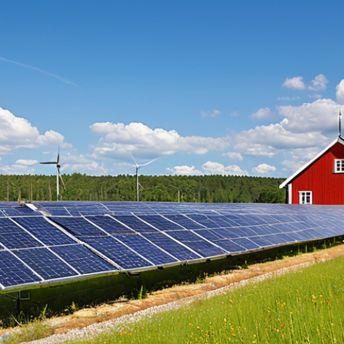 **

Prompt: A vibrant solar panel park in the rolling fields of southern Sweden under a bright summer sky. In the background, a traditional red Swedish farmhouse. Focus on the contrast between the modern technology and the classic Swedish landscape.  Clear sunny day, renewable energy concept, environmental sustainability, high detail.

**
