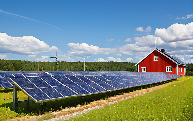 **

Prompt: A vibrant solar panel park in the rolling fields of southern Sweden under a bright summer sky. In the background, a traditional red Swedish farmhouse. Focus on the contrast between the modern technology and the classic Swedish landscape.  Clear sunny day, renewable energy concept, environmental sustainability, high detail.

**